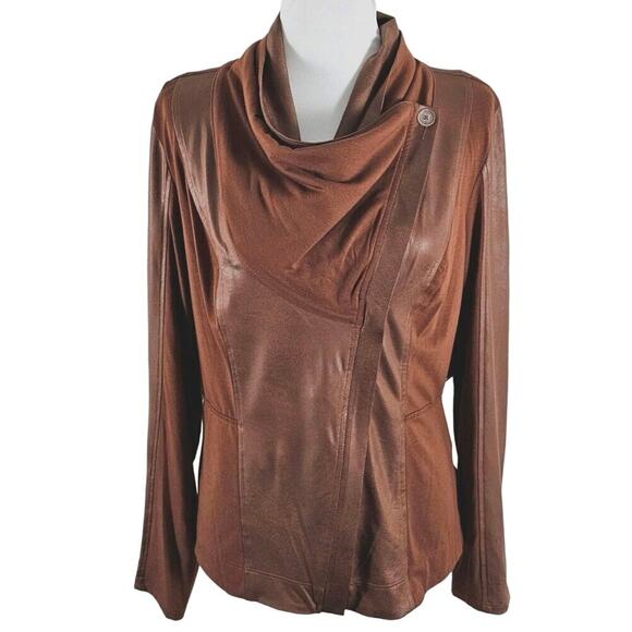 Jessica Simpson Cowl Neck Shawl Faux Leather Jacket Brown Drape Zip Size Small - Picture 1 of 5